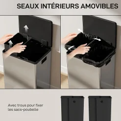 Poubelle manuelle tri sélectif 2 bacs capacité totale 60L filtre anti-odeurs poignées acier inox. brossé noir