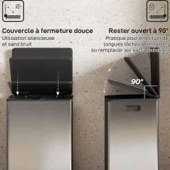 Poubelle manuelle tri sélectif 2 bacs capacité totale 60L filtre anti-odeurs poignées acier inox. brossé noir