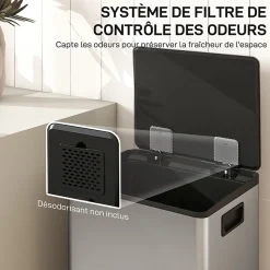 Poubelle manuelle tri sélectif 2 bacs capacité totale 50L filtre anti-odeurs poignées acier inox. brossé noir