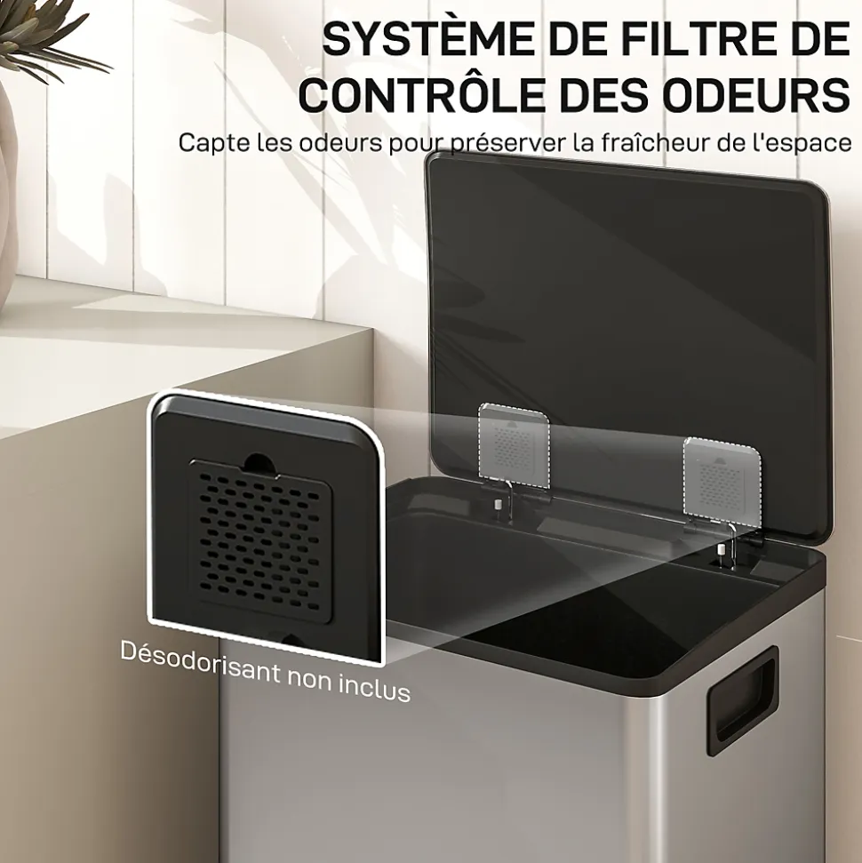Poubelle manuelle tri sélectif 2 bacs capacité totale 50L filtre anti-odeurs poignées acier inox. brossé noir