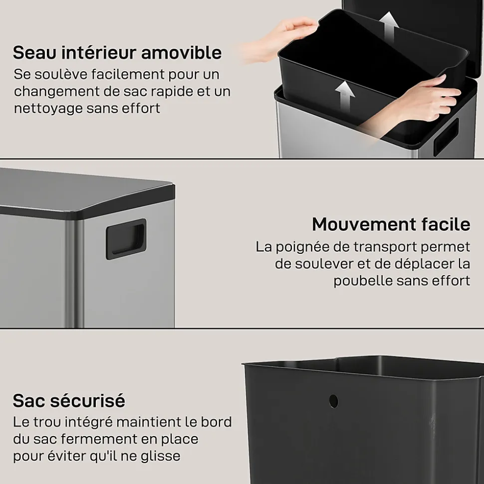 Poubelle manuelle tri sélectif 2 bacs capacité totale 50L filtre anti-odeurs poignées acier inox. brossé noir