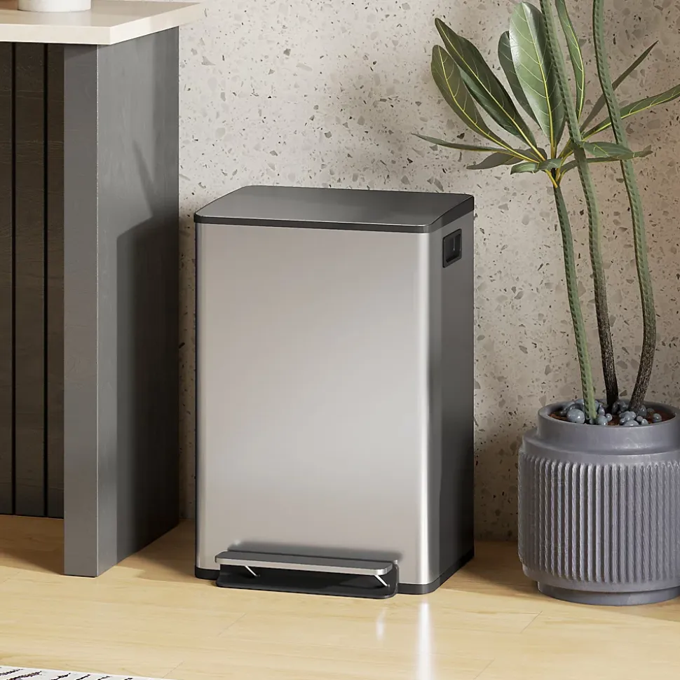 Poubelle manuelle tri sélectif 2 bacs capacité totale 50L filtre anti-odeurs poignées acier inox. brossé noir