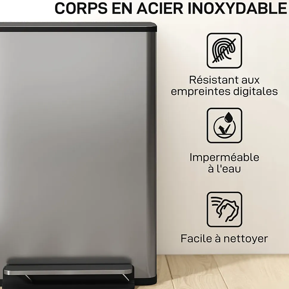 Poubelle manuelle tri sélectif 2 bacs capacité totale 50L filtre anti-odeurs poignées acier inox. brossé noir