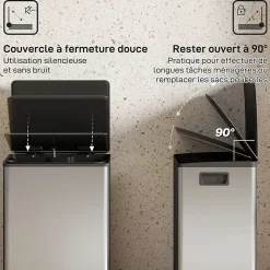 Poubelle manuelle tri sélectif 2 bacs capacité totale 50L filtre anti-odeurs poignées acier inox. brossé noir