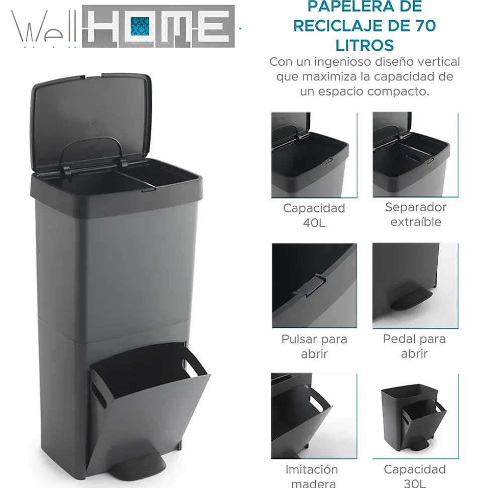 Poubelle verticale WellHome 70 L, 2 compartiments, corbeille à papier, 76 cm
