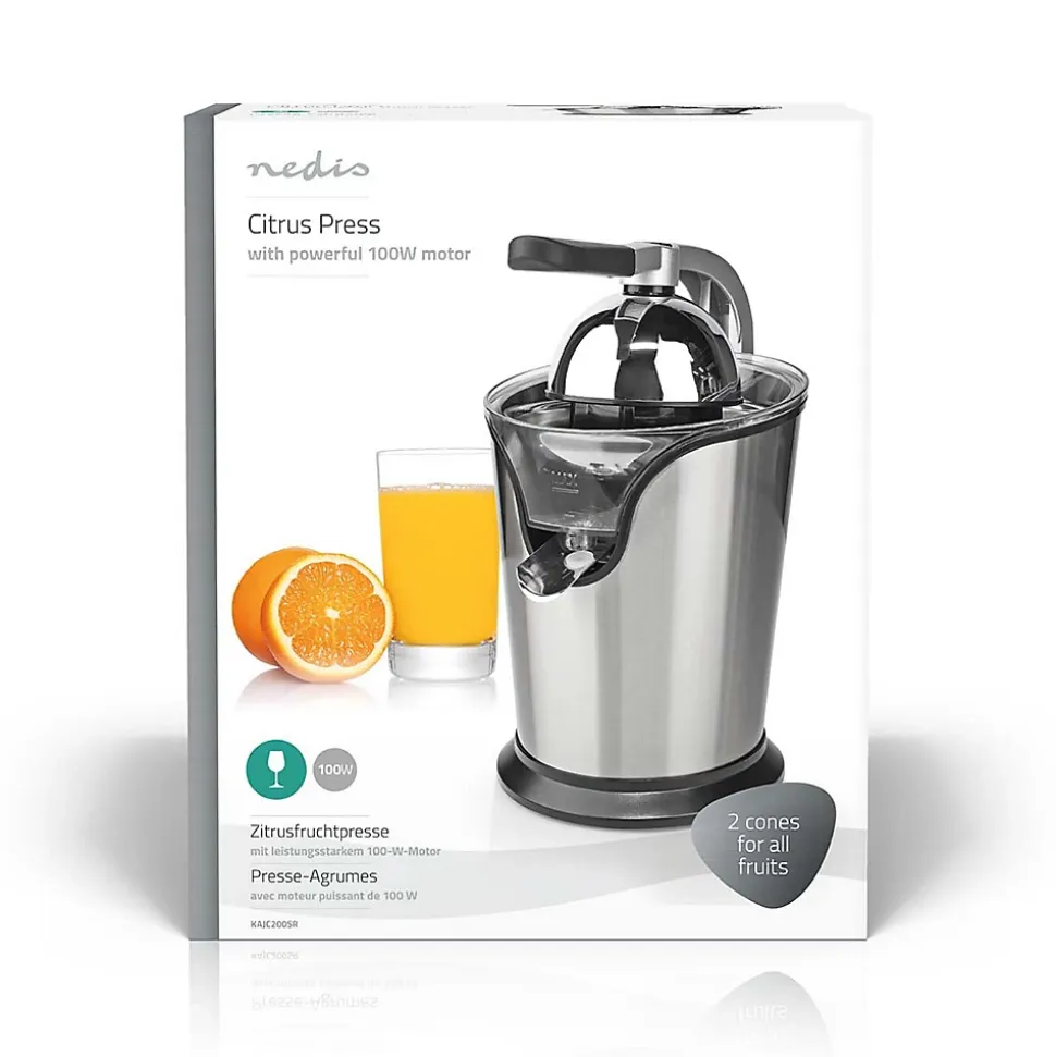Presse-agrumes 100W Inox Silencieux Levier Bec Anti goutte 2 cones Haute Qualité NEDIS