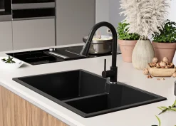 PRIMAGRAN Evier Cuisine en Granit Noir 78x50cm, Lavabo 2 bacs + Kit de Vidage, Évier à Encastrer au meuble 80cm - Madrid Twin