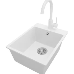 PRIMAGRAN Evier Cuisine en Granit Blanc 38x50cm, Lavabo 1 bac + Kit de Vidage + Accessoires, Évier à Encastrer au meuble 40cm