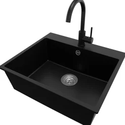 PRIMAGRAN Evier Cuisine en Granit Noir 58x50cm, Lavabo 1 bac + Kit de Vidage + Accessoires, Évier à Encastrer au meuble 60cm