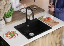 PRIMAGRAN Evier Cuisine en Granit Noir 58x50cm, Lavabo 1 bac + Kit de Vidage + Accessoires, Évier à Encastrer au meuble 60cm