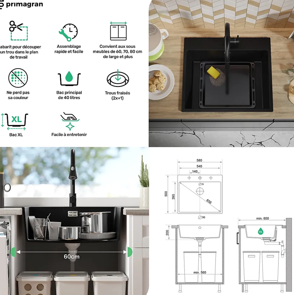 PRIMAGRAN Evier Cuisine en Granit Noir 58x50cm, Lavabo 1 bac + Kit de Vidage + Accessoires, Évier à Encastrer au meuble 60cm
