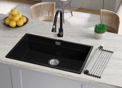 PRIMAGRAN Evier Cuisine en Granit Noir 76x47cm, Lavabo 1 bac + Kit de Vidage + Accessoires, Évier à Encastrer au meuble 80cm