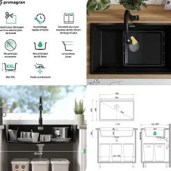 PRIMAGRAN Evier Cuisine en Granit Noir 76x47cm, Lavabo 1 bac + Kit de Vidage + Accessoires, Évier à Encastrer au meuble 80cm