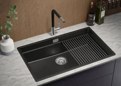 PRIMAGRAN Evier Cuisine en Granit Noir 76x47cm, Lavabo 1 bac + Kit de Vidage + Accessoires, Évier à Encastrer au meuble 80cm