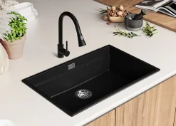 PRIMAGRAN Evier Cuisine en Granit Noir 76x47cm, Lavabo 1 bac + Kit de Vidage + Accessoires, Évier à Encastrer au meuble 80cm