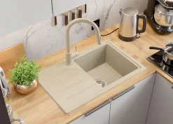 PRIMAGRAN Evier Cuisine en Granit Beige 70x44cm, Lavabo 1 bac + Kit de Vidage, Évier à Encastrer au meuble 45cm - Copenhague Easy