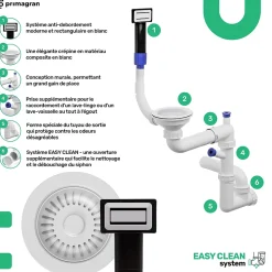 PRIMAGRAN Evier Cuisine en Granit Tout Blanc 43x50cm, Lavabo 1 bac + Accessoires, Évier à Encastrer au meuble 45cm