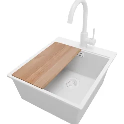 PRIMAGRAN Evier Cuisine en Granit Tout Blanc 43x50cm, Lavabo 1 bac + Accessoires, Évier à Encastrer au meuble 45cm