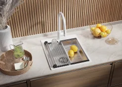 PRIMAGRAN Evier Cuisine en Granit Tout Blanc 43x50cm, Lavabo 1 bac + Accessoires, Évier à Encastrer au meuble 45cm