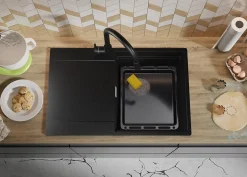 PRIMAGRAN Evier Cuisine en Granit Tout Noir 78x50cm, Lavabo 1 bac + Kit de Vidage + Accessoires, Évier à Encastrer au meuble 50cm