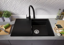 PRIMAGRAN Evier Cuisine en Granit Tout Noir 78x50cm, Lavabo 1 bac + Kit de Vidage + Accessoires, Évier à Encastrer au meuble 50cm