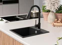 PRIMAGRAN Evier Cuisine en Granit Noir 38x44cm, Lavabo 1 bac + Kit de Vidage, Évier à Encastrer au meuble 40cm - Riga Easy