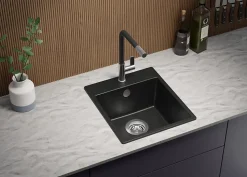 PRIMAGRAN Evier Cuisine en Granit Noir 38x44cm, Lavabo 1 bac + Kit de Vidage, Évier à Encastrer au meuble 40cm - Riga Easy