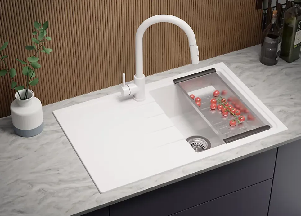 PRIMAGRAN Evier Cuisine en Granit Tout Blanc 78x50cm, Lavabo 1 bac + Kit de Vidage, Évier à Encastrer au meuble 45cm - Milan