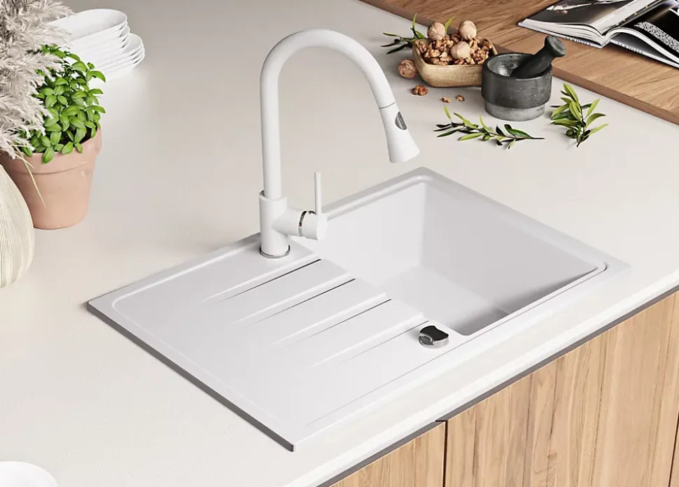 PRIMAGRAN Evier Cuisine en Granit Tout Blanc 78x50cm, Lavabo 1 bac + Kit de Vidage, Évier à Encastrer au meuble 45cm - Milan