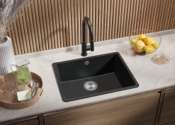 PRIMAGRAN Evier Cuisine en Granit Graphite 56x44cm, Lavabo 1 bac + Kit de Vidage + Accessoires, Évier à Encastrer au meuble 60cm