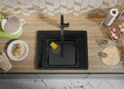 PRIMAGRAN Evier Cuisine en Granit Graphite 56x44cm, Lavabo 1 bac + Kit de Vidage + Accessoires, Évier à Encastrer au meuble 60cm