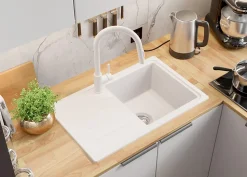 PRIMAGRAN Evier Cuisine en Granit Blanc 70x44cm, Lavabo 1 bac + Kit de Vidage, Évier à Encastrer au meuble 45cm - Copenhague Easy