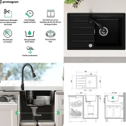 PRIMAGRAN Evier Cuisine en Granit Blanc 70x44cm, Lavabo 1 bac + Kit de Vidage, Évier à Encastrer au meuble 45cm - Copenhague Easy