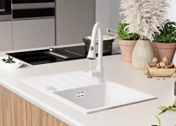 PRIMAGRAN Evier Cuisine en Granit Blanc 70x44cm, Lavabo 1 bac + Kit de Vidage, Évier à Encastrer au meuble 45cm - Copenhague Easy