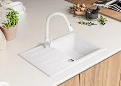 PRIMAGRAN Evier Cuisine en Granit Blanc 70x44cm, Lavabo 1 bac + Kit de Vidage, Évier à Encastrer au meuble 45cm - Copenhague Easy