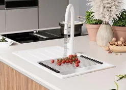 PRIMAGRAN Evier Cuisine en Granit Blanc 70x44cm, Lavabo 1 bac + Kit de Vidage, Évier à Encastrer au meuble 45cm - Copenhague Easy