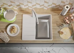 PRIMAGRAN Evier Cuisine en Granit Tout Blanc 55x50cm, Lavabo 1 bac + Accessoires, Évier à Encastrer au meuble 40cm