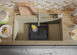 PRIMAGRAN Evier Cuisine en Granit Beige 88x53cm, Lavabo 1 bac + Kit de Vidage + Accessoires, Évier à Encastrer au meuble 90cm