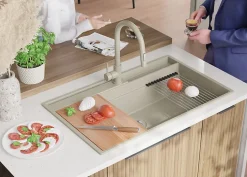 PRIMAGRAN Evier Cuisine en Granit Beige 88x53cm, Lavabo 1 bac + Kit de Vidage + Accessoires, Évier à Encastrer au meuble 90cm