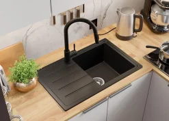 PRIMAGRAN Evier Cuisine en Granit Noir 70x44cm, Lavabo 1 bac + Kit de Vidage, Évier à Encastrer au meuble 45cm - Copenhague Easy