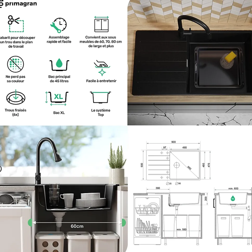 PRIMAGRAN Evier Cuisine en Granit Noir 90x50cm, Lavabo 1 bac + Kit de Vidage + Accessoires, Évier à Encastrer au meuble 60cm