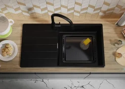 PRIMAGRAN Evier Cuisine en Granit Noir 90x50cm, Lavabo 1 bac + Kit de Vidage + Accessoires, Évier à Encastrer au meuble 60cm