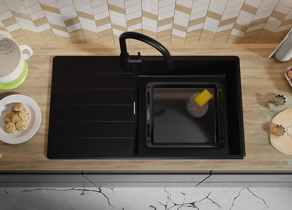 PRIMAGRAN Evier Cuisine en Granit Noir 90x50cm, Lavabo 1 bac + Kit de Vidage + Accessoires, Évier à Encastrer au meuble 60cm