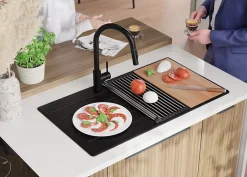 PRIMAGRAN Evier Cuisine en Granit Noir 90x50cm, Lavabo 1 bac + Kit de Vidage + Accessoires, Évier à Encastrer au meuble 60cm