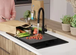 PRIMAGRAN Evier Cuisine en Granit Noir 90x50cm, Lavabo 1 bac + Kit de Vidage + Accessoires, Évier à Encastrer au meuble 60cm