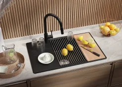 PRIMAGRAN Evier Cuisine en Granit Tout Noir 78x50cm, Lavabo 1 bac + Kit de Vidage + Accessoires, Évier à Encastrer au meuble 60cm