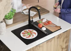 PRIMAGRAN Evier Cuisine en Granit Tout Noir 78x50cm, Lavabo 1 bac + Kit de Vidage + Accessoires, Évier à Encastrer au meuble 45cm