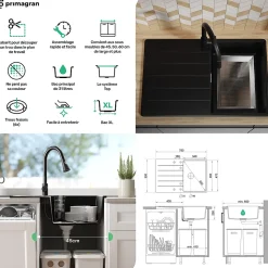 PRIMAGRAN Evier Cuisine en Granit Tout Noir 78x50cm, Lavabo 1 bac + Kit de Vidage + Accessoires, Évier à Encastrer au meuble 45cm