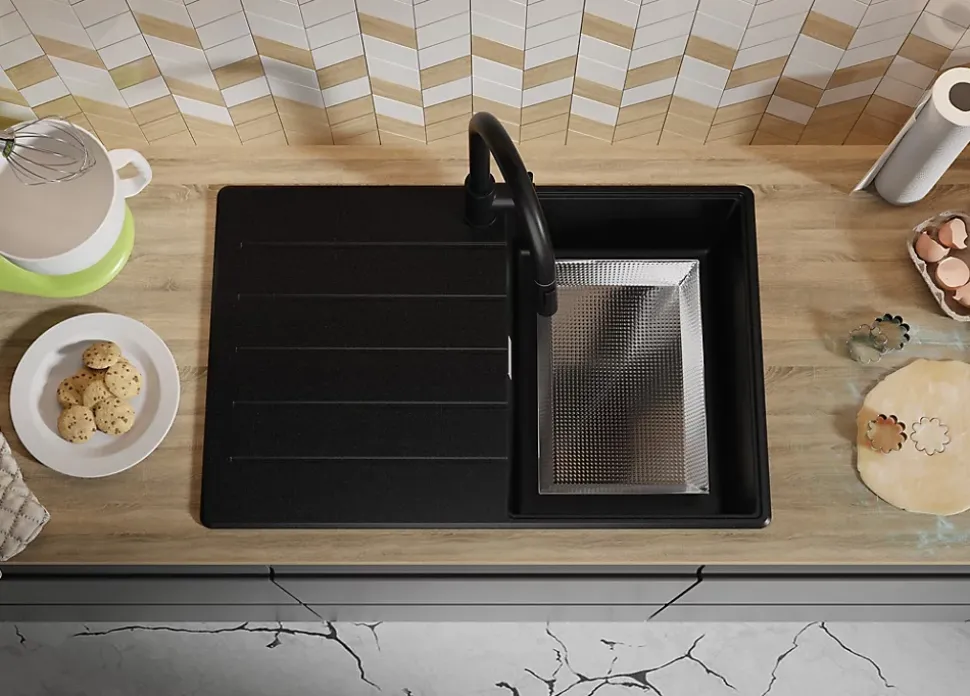 PRIMAGRAN Evier Cuisine en Granit Tout Noir 78x50cm, Lavabo 1 bac + Kit de Vidage + Accessoires, Évier à Encastrer au meuble 45cm