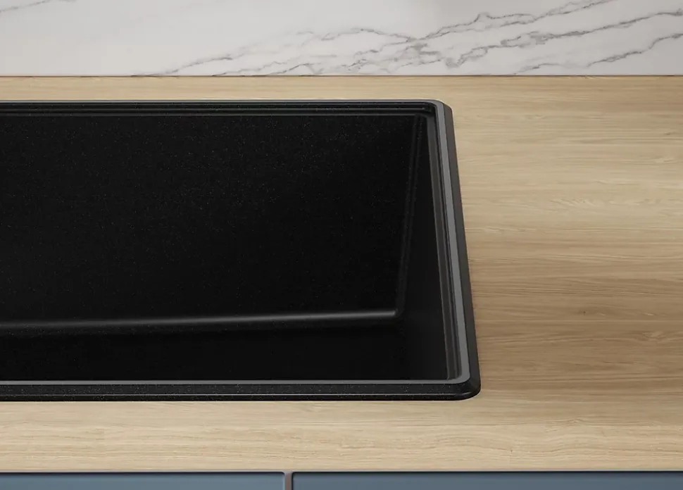 PRIMAGRAN Evier Cuisine en Granit Tout Noir 78x50cm, Lavabo 1 bac + Kit de Vidage + Accessoires, Évier à Encastrer au meuble 45cm